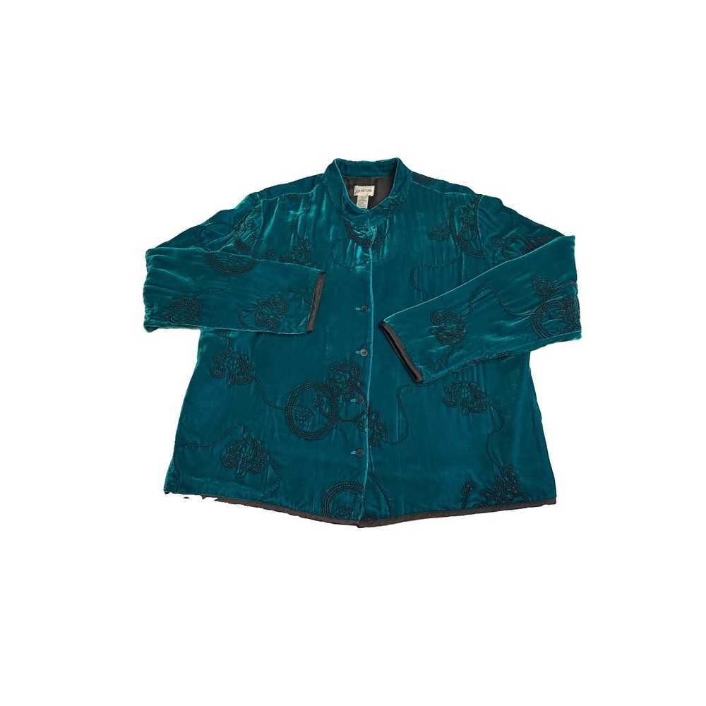 Vtg Chico's Silk Embroidered Jacket Size 2 L Button Up Teal Old Money Regency